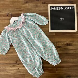 James & Lottie Blue Pink Floral Long Romper Ruffle Bow Cotton Preppy Classic 2T